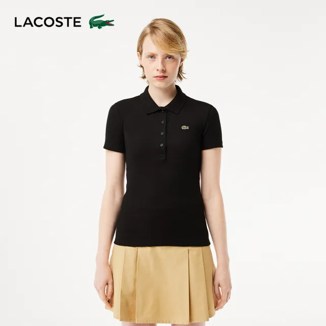 【LACOSTE】女裝-L.12.D 修身羅紋棉質短袖Polo衫(黑色)