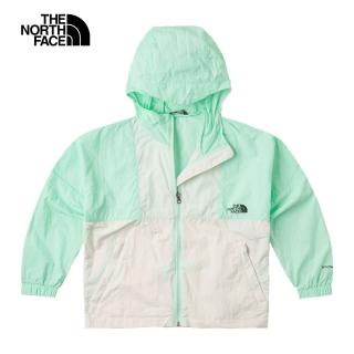 【The North Face 官方旗艦】北面兒童綠白拼接UPF防曬彈力袖口休閒連帽外套｜8998XOE(抗UV)