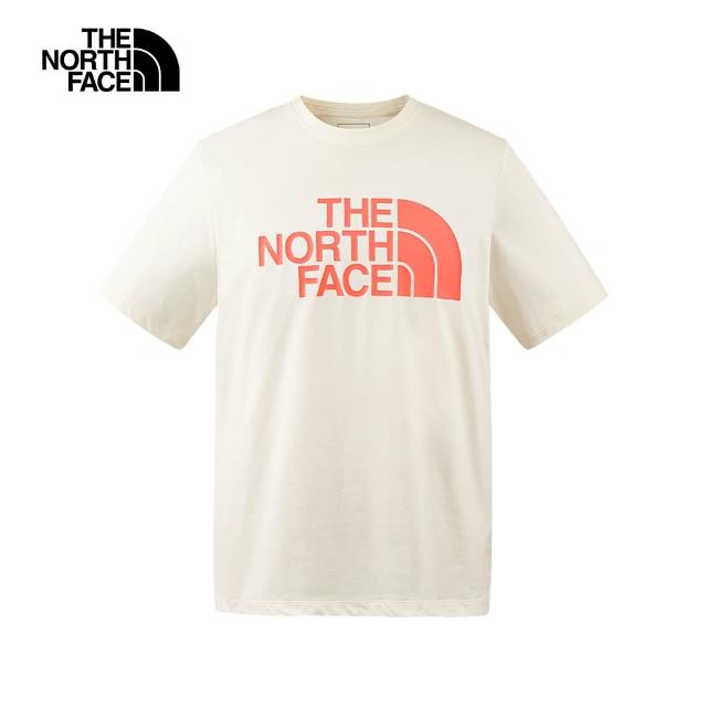 【The North Face 官方旗艦】北面男款米色吸濕排汗大尺寸LOGO休閒短袖T恤｜88GYQLI(排汗衫)