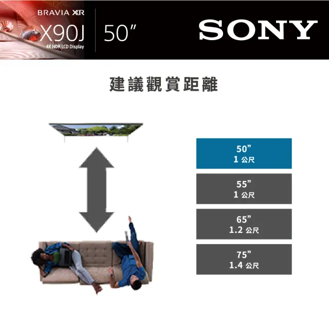 【SONY 索尼】BRAVIA 50型 4K Google TV 顯示器(XRM-50X90J)