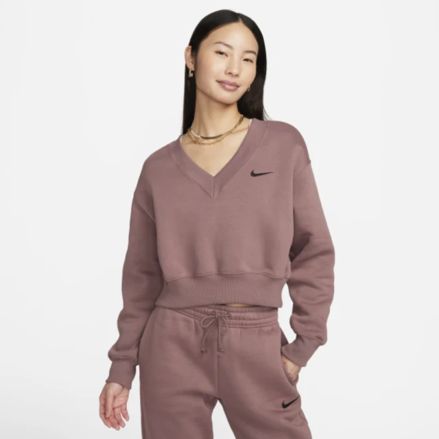 NIKE 耐吉 上衣 女款 長袖上衣 運動 AS W NSW PHNX FLC CROP VNECK 煙灰紫紅 FN3652-208