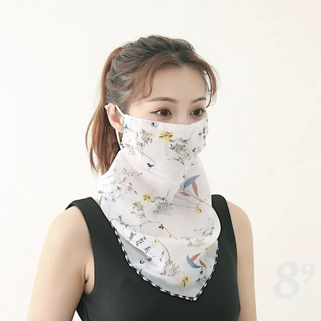 【89 zone】法式雪紡透氣輕薄花朵防曬護頸 騎行面罩 面罩 口罩(白色愛心/粉/藍)