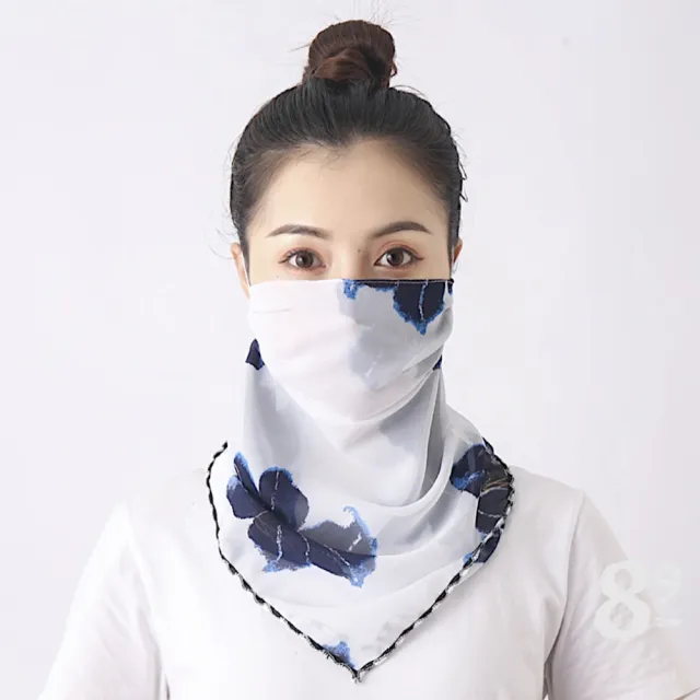 【89 zone】法式雪紡透氣輕薄花朵防曬護頸 騎行面罩 面罩 口罩(白色愛心/粉/藍)