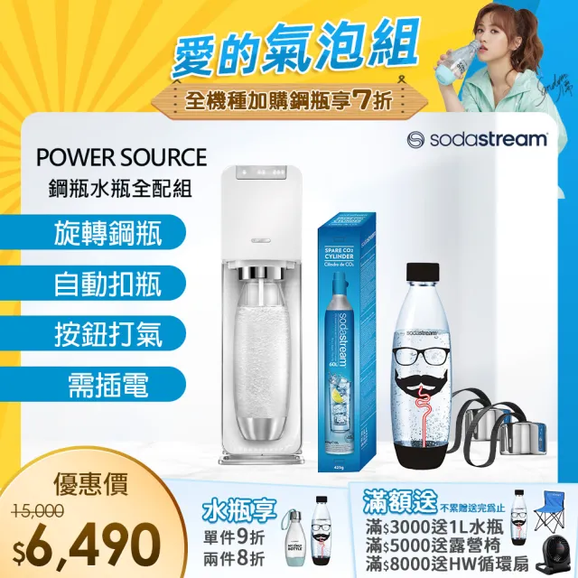 【Sodastream-全配組】電動式氣泡水機POWER SOURCE旗艦機 2色(加碼送鋼瓶+水瓶+保冷袋)