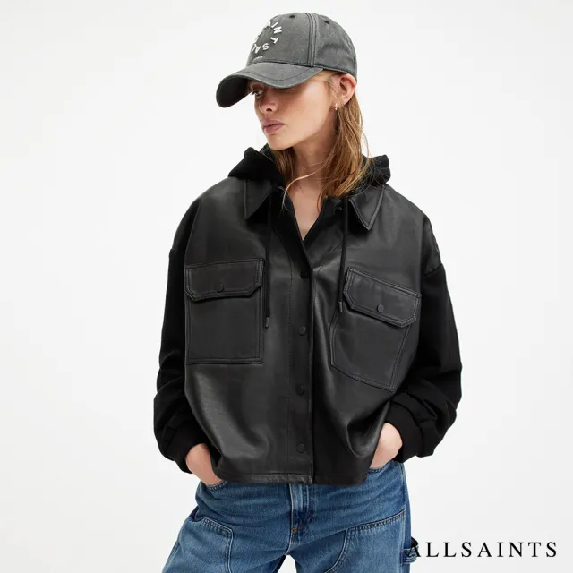 【ALLSAINTS】MORTEN 寬鬆連帽拼接羊皮外套皮衣 WL578Z(寬鬆版型)