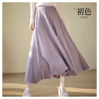 【初色】鬆緊腰純色層次壓條針織半身裙長裙-紫色-32906(F可選)