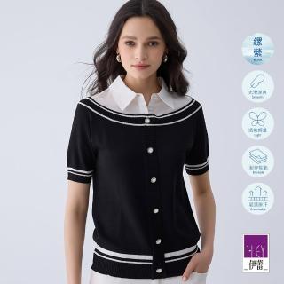 【ILEY 伊蕾】海軍風縲縈針織開領上衣(黑色；M-L；1241395502)