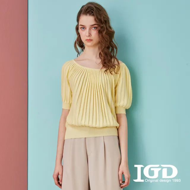 【IGD 英格麗】速達-網路獨賣款-壓褶五分袖針織上衣(黃色)