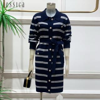 【JESSICA】經典條紋羊毛寬鬆長袖針織洋裝235401（藍）