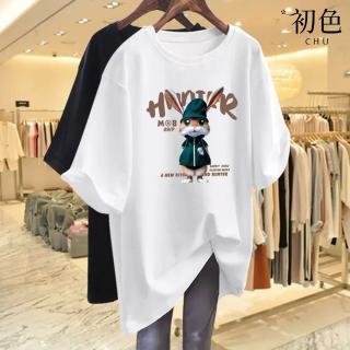 【初色】寬鬆卡通兔子圖案英文字母印花圓領短袖T恤上衣女上衣-共9色-32859(M-2XL可選)