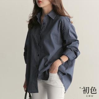 【初色】寬鬆翻領單排扣條紋顯瘦長袖襯衫上衣-共2色-32940(M-2XL可選)