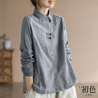 【初色】復古翻領棉麻風碎花刺繡長袖襯衫上衣-藍色-32944(M-2XL可選)