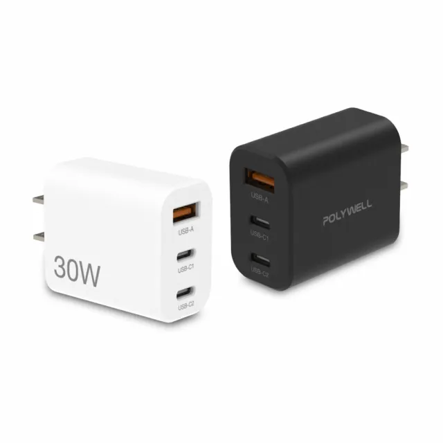 【POLYWELL】30W 雙USB-C+USB-A PD氮化鎵快充頭(BSMI認證  3孔1A2C)