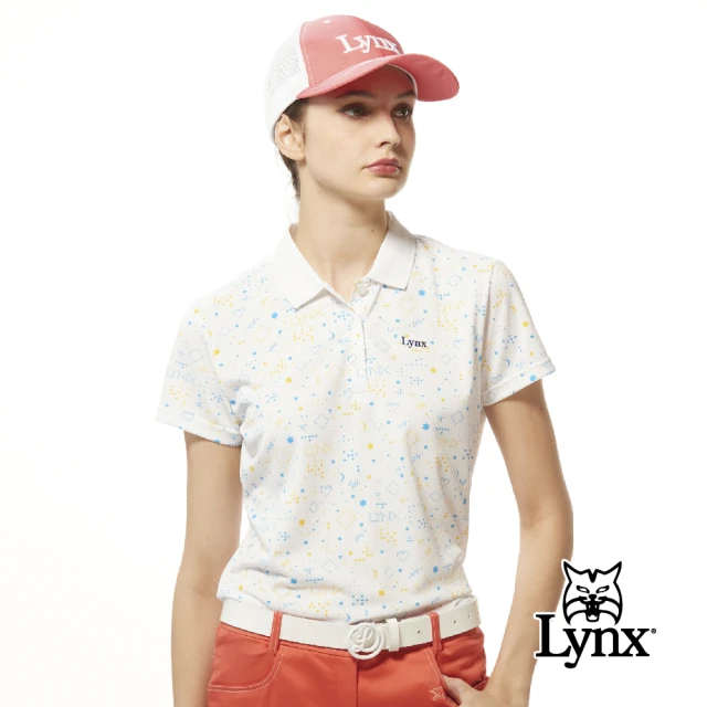 Lynx Golf 女款吸溼排汗機能側開拉鍊造型半身千鳥紋印花短袖POLO衫/高爾夫球衫(白色)
