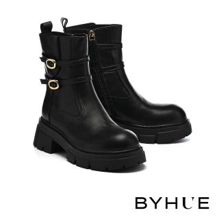 【BYHUE】質感個性牛皮雙帶釦軟芯厚底短靴(黑)