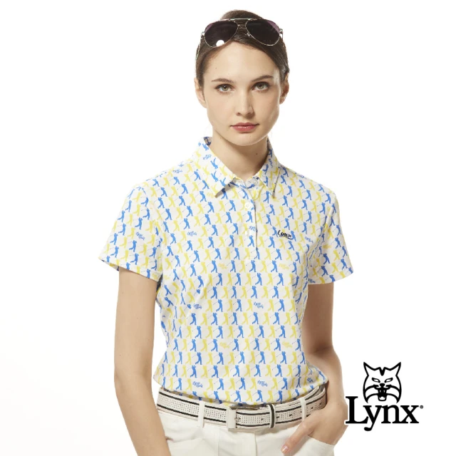 Lynx Golf 女款吸溼排汗機能滿版配色人物揮桿動作圖樣印花短袖立領POLO衫/高爾夫球衫(白色)
