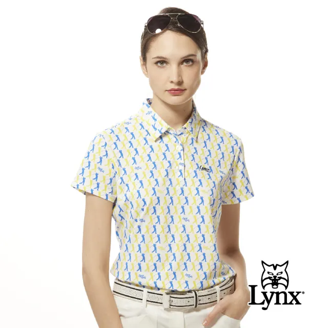 【Lynx Golf】女款吸溼排汗機能滿版配色人物揮桿動作圖樣印花短袖立領POLO衫/高爾夫球衫(白色)