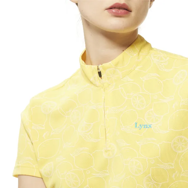 【Lynx Golf】女款溼排汗機能網眼材質滿版檸檬圖樣印花短袖立領POLO衫/高爾夫球衫(黃色)