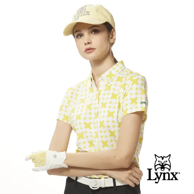 【Lynx Golf】女款吸溼排汗機能滿版圓圈排列領尖扣設計短袖POLO衫/高爾夫球衫(綠松色)