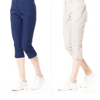 【Lynx Golf】女款彈性舒適素面外觀剪接設計立體貼膜造型開杈款窄管七分褲(二色)