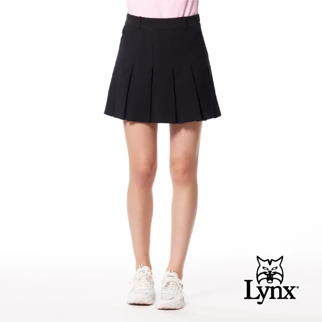 【Lynx Golf】女款彈性舒適百摺裙後腰LOGO織帶設計隱形拉鍊口袋山貓膠標運動短裙(二色)