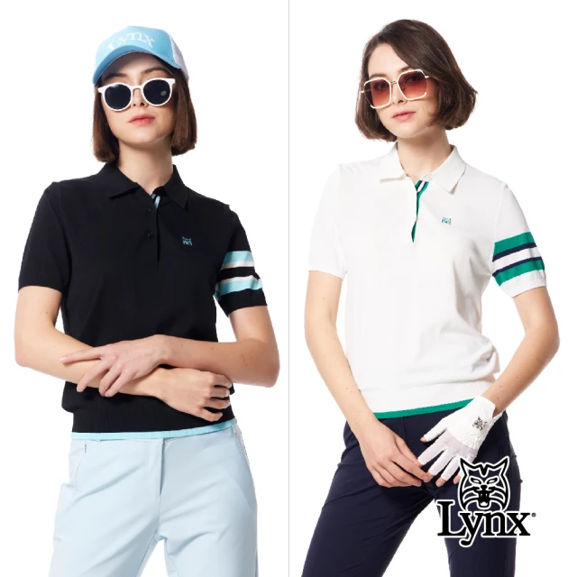 【Lynx Golf】女款彈性舒適羅紋造型袖配色設計LOGO緹花工藝短袖POLO領毛衣(二色)