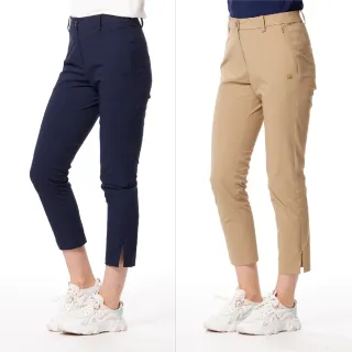 【Lynx Golf】女款彈性舒適隱形拉鍊口袋山貓膠標造型褲口開杈設計窄管九分褲(二色)
