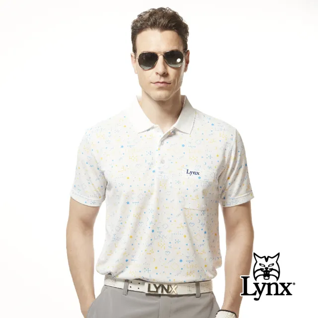 【Lynx Golf】男款吸溼排汗機能羅紋領設計滿版月亮星星印花胸袋款短袖POLO衫/高爾夫球衫(白色)