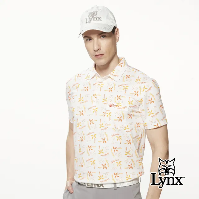 【Lynx Golf】男款吸溼排汗機能滿版加州椰樹圖樣印花胸袋款短袖POLO衫/高爾夫球衫(白色)