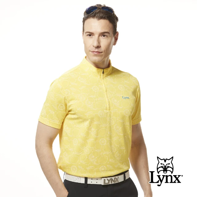 Lynx Golf 男款吸溼排汗機能網眼材質滿版檸檬圖樣印花短袖立領POLO衫/高爾夫球衫(黃色)