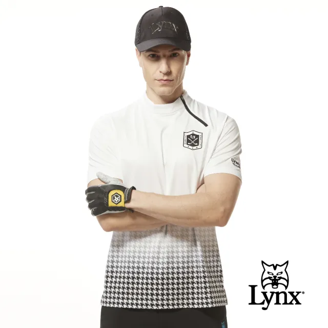 【Lynx Golf】男款吸溼排汗機能側開拉鍊造型半身千鳥紋印花短袖POLO衫/高爾夫球衫(白色)