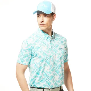 【Lynx Golf】男款吸溼排汗機能滿版不規則圖樣印花領尖扣設計短袖POLO衫/高爾夫球衫(綠松色)