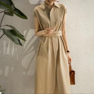 【LANNI 藍尼】★低調文藝風POLO領連身裙(純色/短袖/翻領)