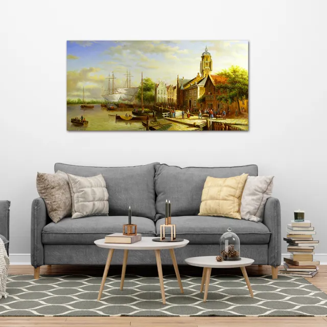 【御畫房】商貿市集 國家一級畫師手繪油畫60×120cm(VF-142)