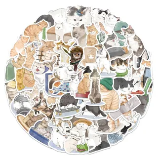 【Paper Play】創意多用途防水貼紙-可愛水彩畫手繪貓咪 53枚入(防水貼紙 行李箱貼紙 手機貼紙 水壺貼紙)
