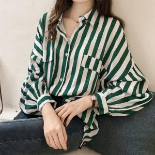【ONEY 歐妮】★寬鬆BF港味條紋襯衫上衣(女上衣/長袖/襯衫)