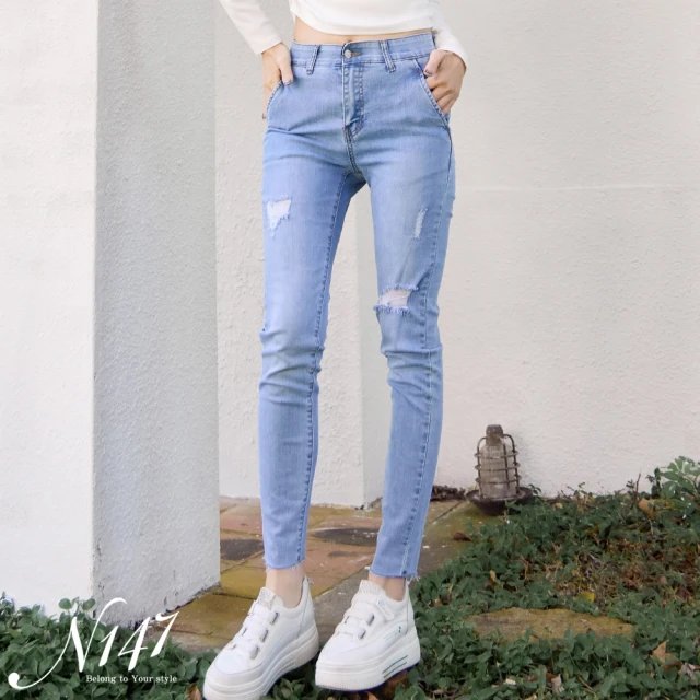 【N147】水洗藍刷破彈性修身牛仔褲《X375》(韓國女裝/現貨商品/預購)