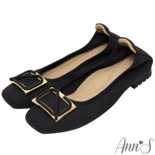 【Ann’S】知性小姊姊-造型方釦軟牛皮真皮平底娃娃鞋(黑)