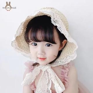 【WOONUE】618 女童可愛夏天蕾絲優雅草帽 無毒親膚透氣材質獨家設計版型(遮陽海邊出遊必備女兒禮物)