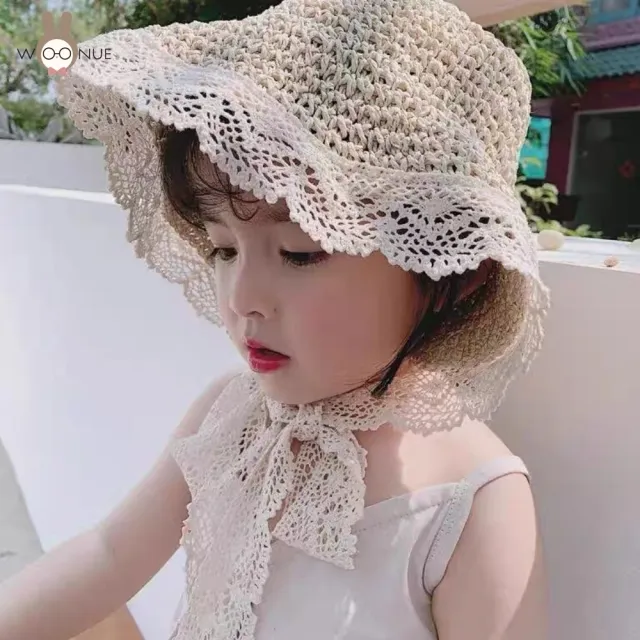 【WOONUE】女童可愛夏天蕾絲優雅草帽 無毒親膚透氣材質獨家設計版型(遮陽海邊出遊必備女兒禮物)