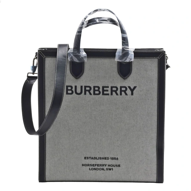 BURBERRY 巴寶莉 經典品牌LOGO帆布皮革飾邊直立手提/斜背方包(大-黑灰色8037936)