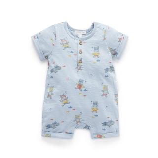 【Purebaby】澳洲有機棉 嬰兒短袖連身衣 粉藍河馬(新生兒 有機棉 包屁衣)