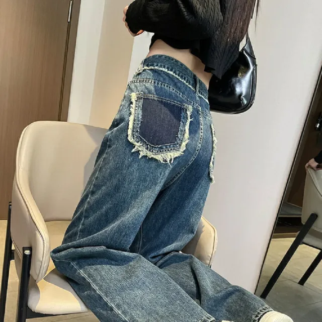 【Shiny 藍格子】寬鬆高腰口袋毛邊直筒牛仔褲 V3871 現+預(女褲 長褲 寬褲)