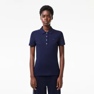 【LACOSTE】女裝-緊身彈性棉短袖Polo衫(海軍藍)