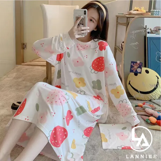【藍尼居家】★寬寬鬆鬆舒舒服服連身睡衣裙(經典款/長袖睡衣/女睡衣居家服/棉質睡衣/睡裙)