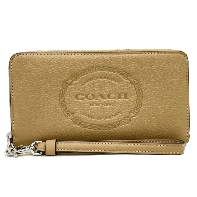 COACH 大LOGO牛皮手掛式拉鍊零錢袋長夾(裸膚)