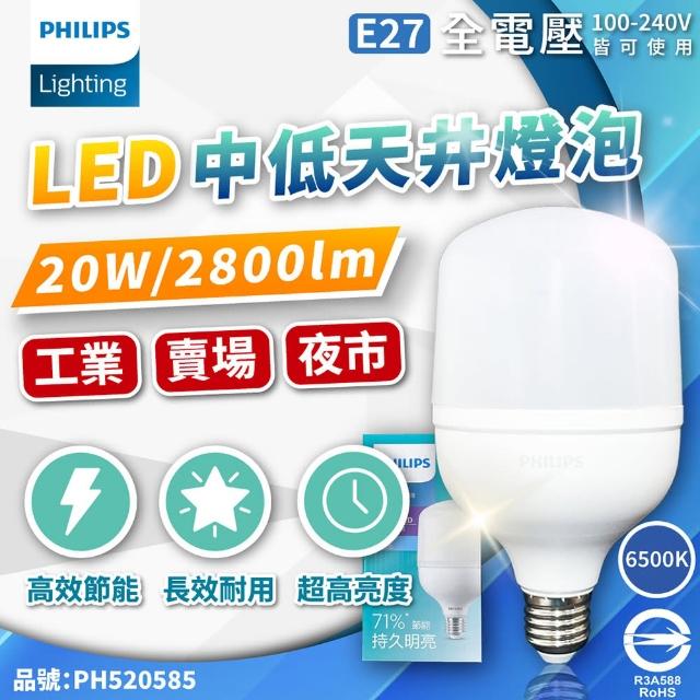 【Philips 飛利浦】20W LED 燈頭E27 中低天井燈泡 夜市燈泡 白光 全電壓