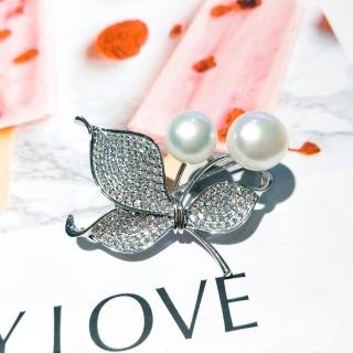 【I JEWELRY】高階手工純銀訂製系列 貴婦經典幸福蝴蝶貴氣頂級鋯石珍珠純銀別針 胸針(附純銀保證卡)