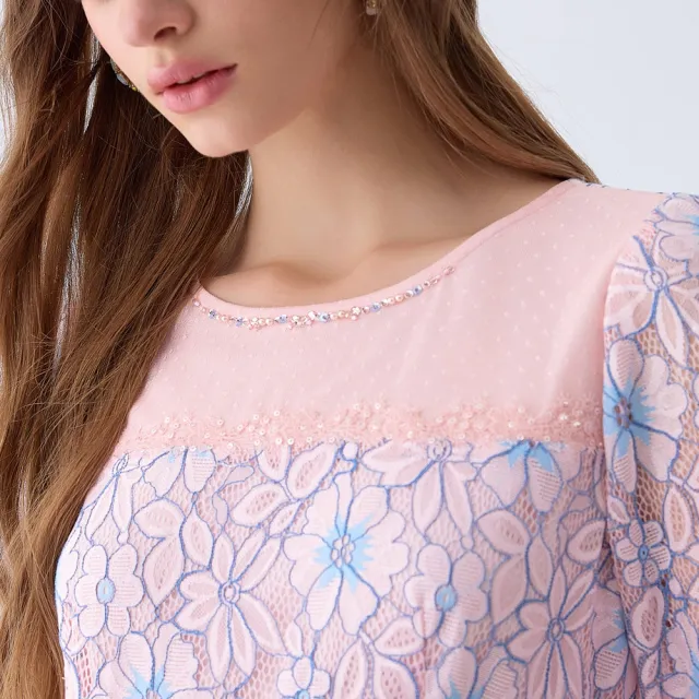 【ILEY 伊蕾】花樣蕾絲七分袖洋裝(粉色；M-XL；1241017101)