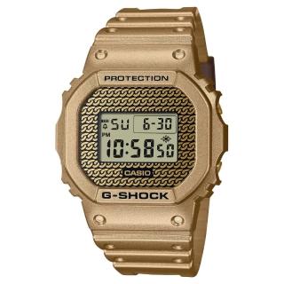 【CASIO 卡西歐】G-SHOCK 經典方形 嘻哈街頭 替換錶帶禮盒組 金X黑 DWE-5600HG-1 43.8mm